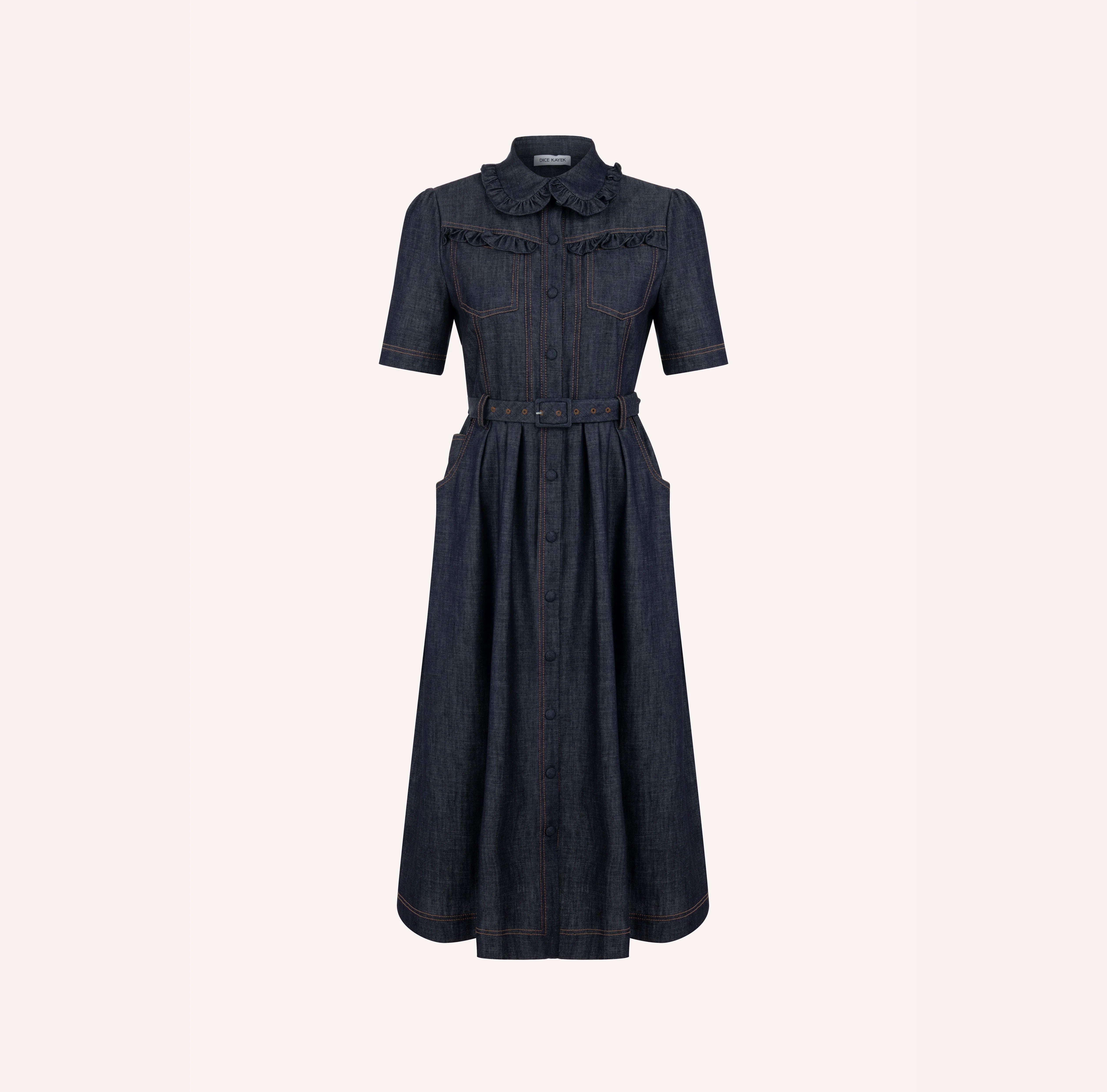 Ruffle Front Chambray Midi Dress | DICE KAYEK Ruffle Front Chambray Midi Dress | DICE KAYEK