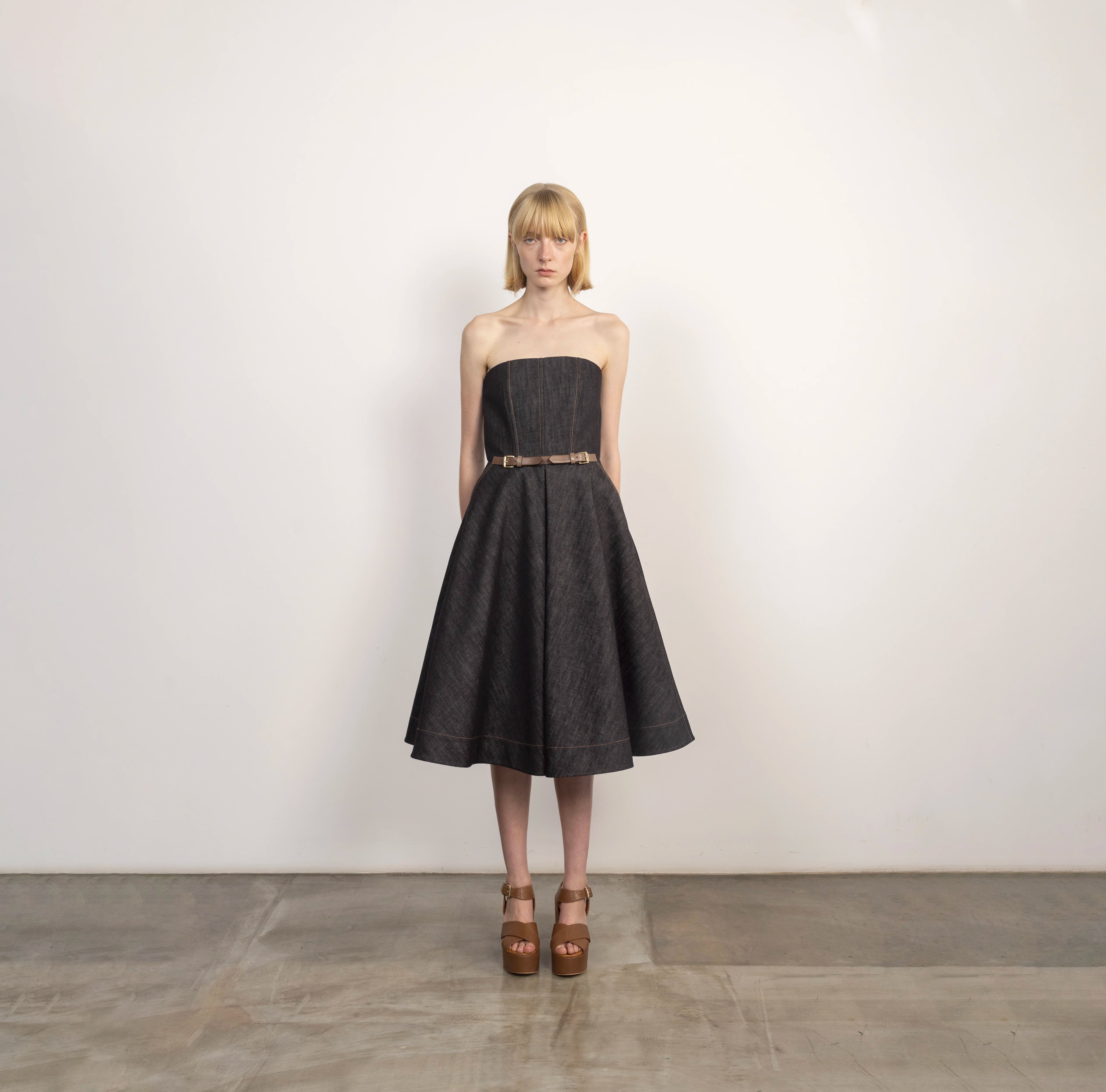 Strapless Structured Denim Midi Dress