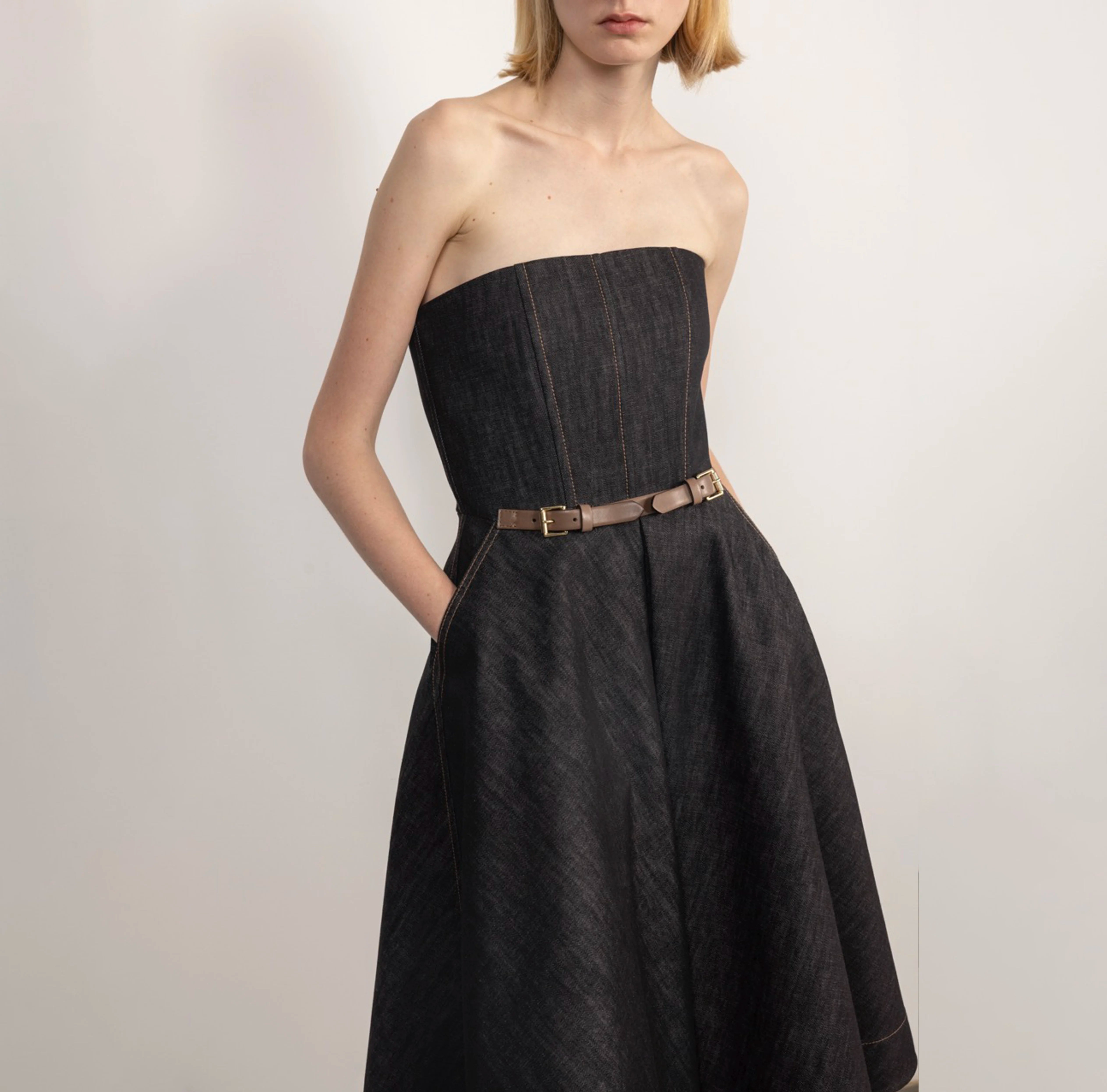 Strapless Structured Denim Midi Dress