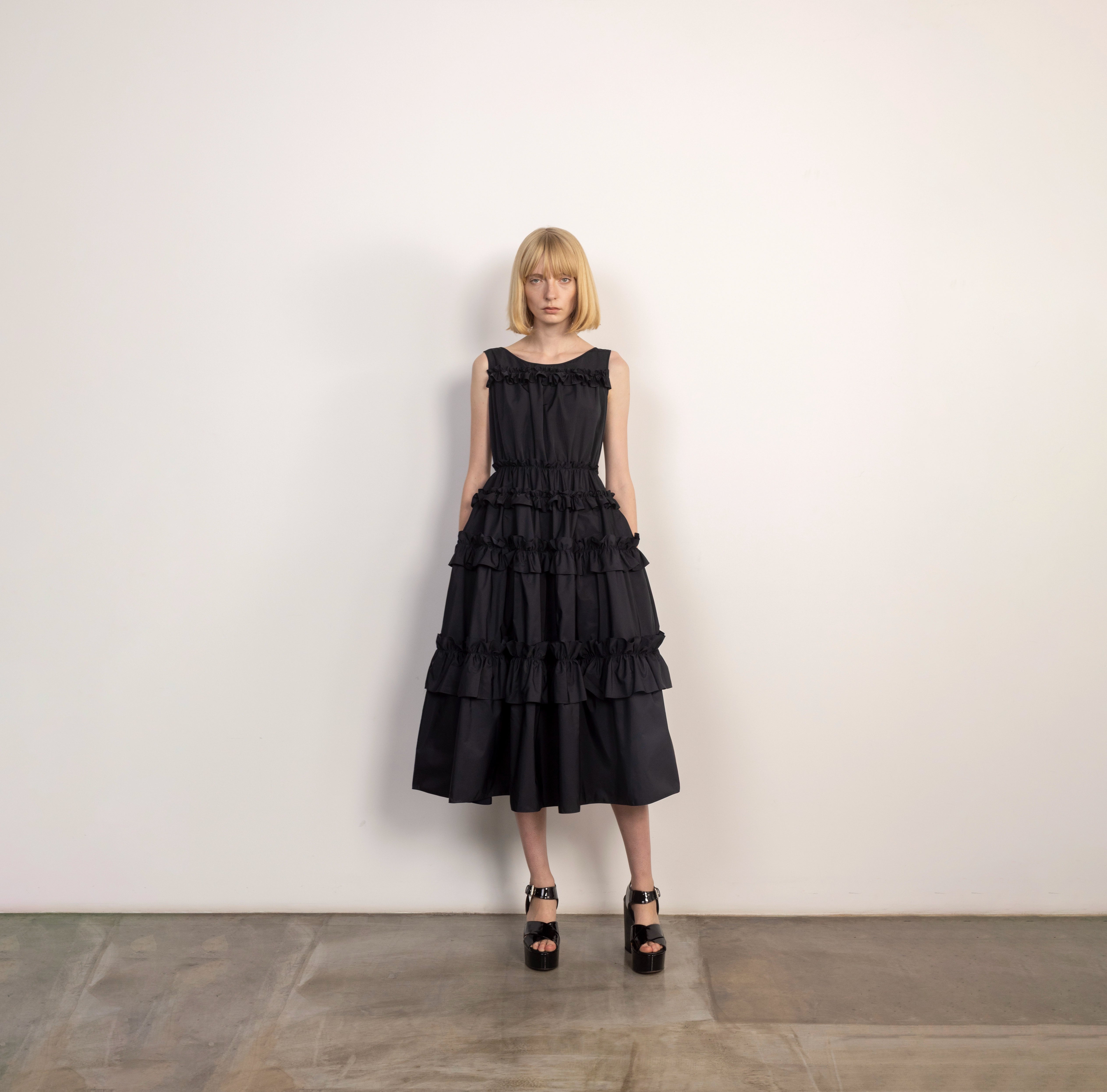 Ruffled Tiered Midi Dress in Black