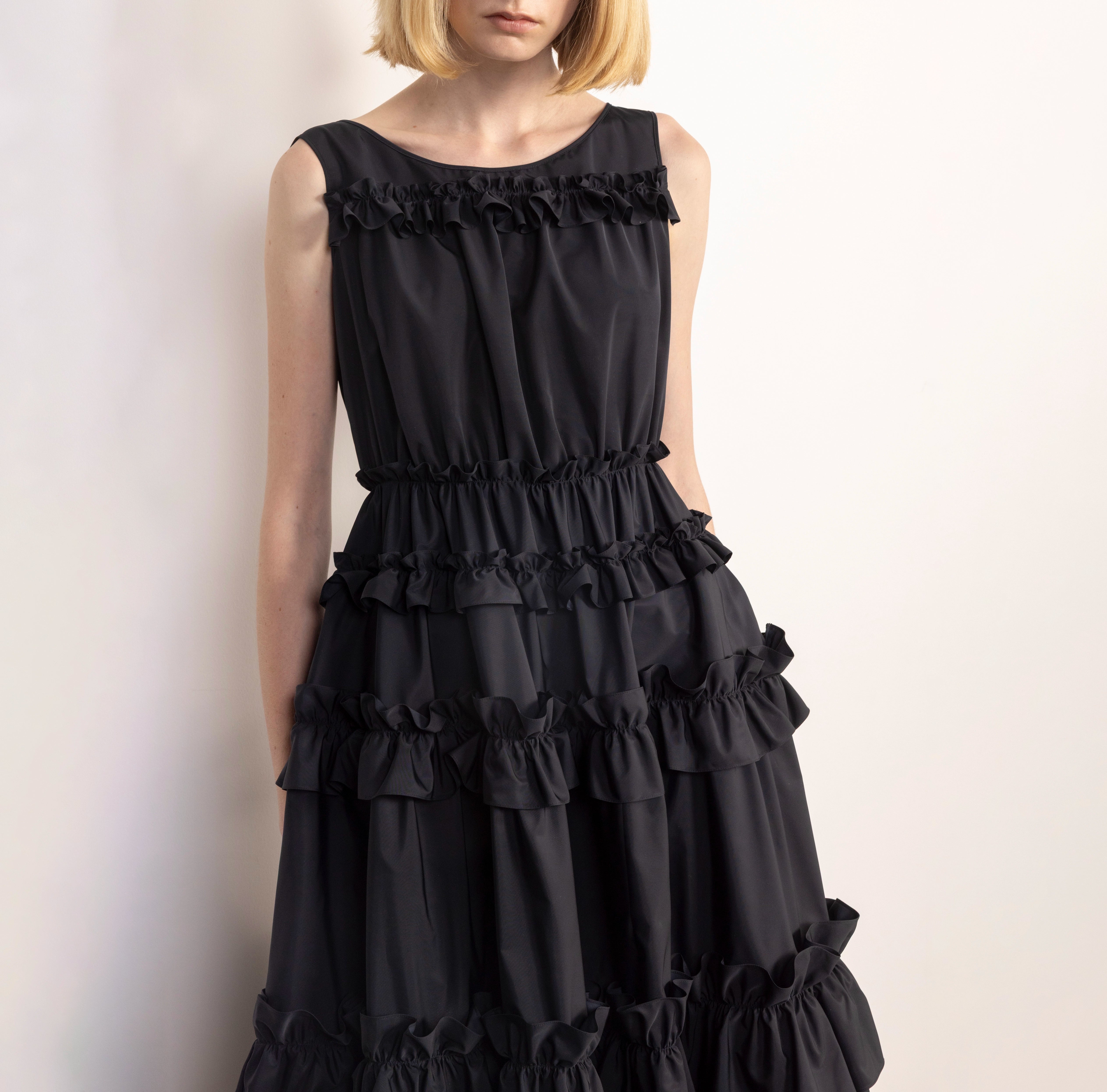 black ruffle midi dress Amal Ruffle Shoulder Tulle Midi Dress Black