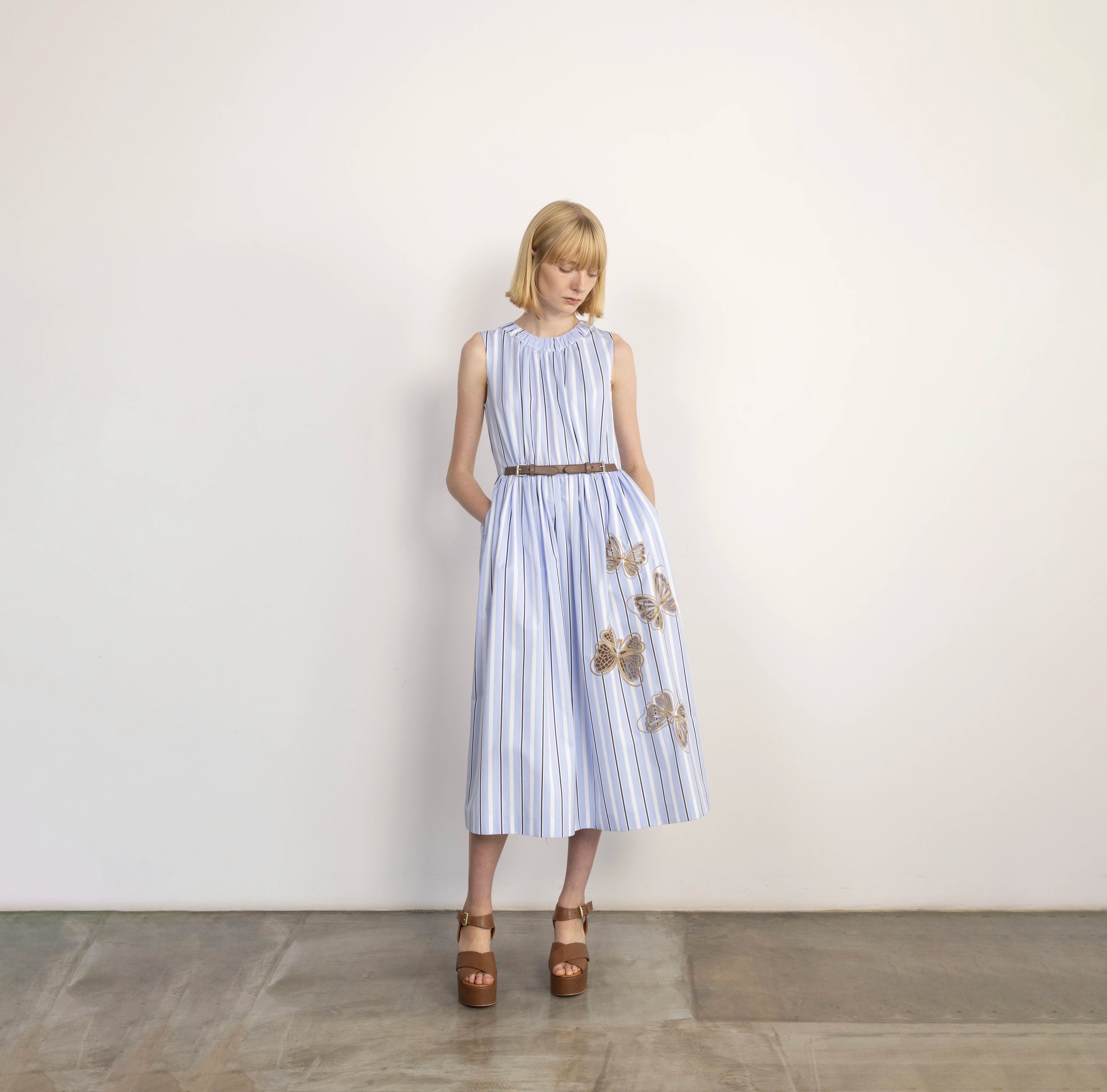 Striped Butterfly Embroidered Cotton Dress