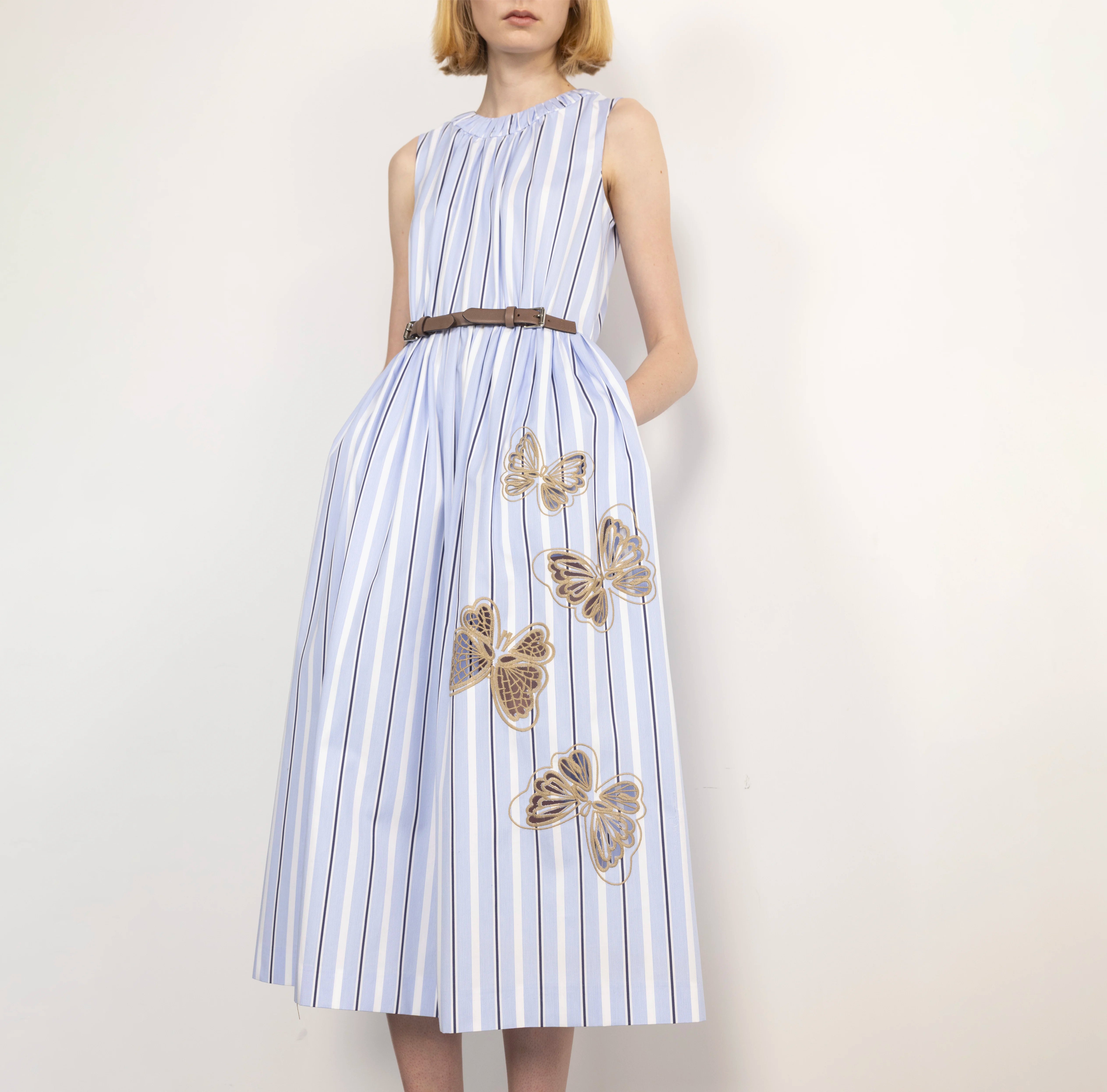 Striped Butterfly Embroidered Cotton Dress