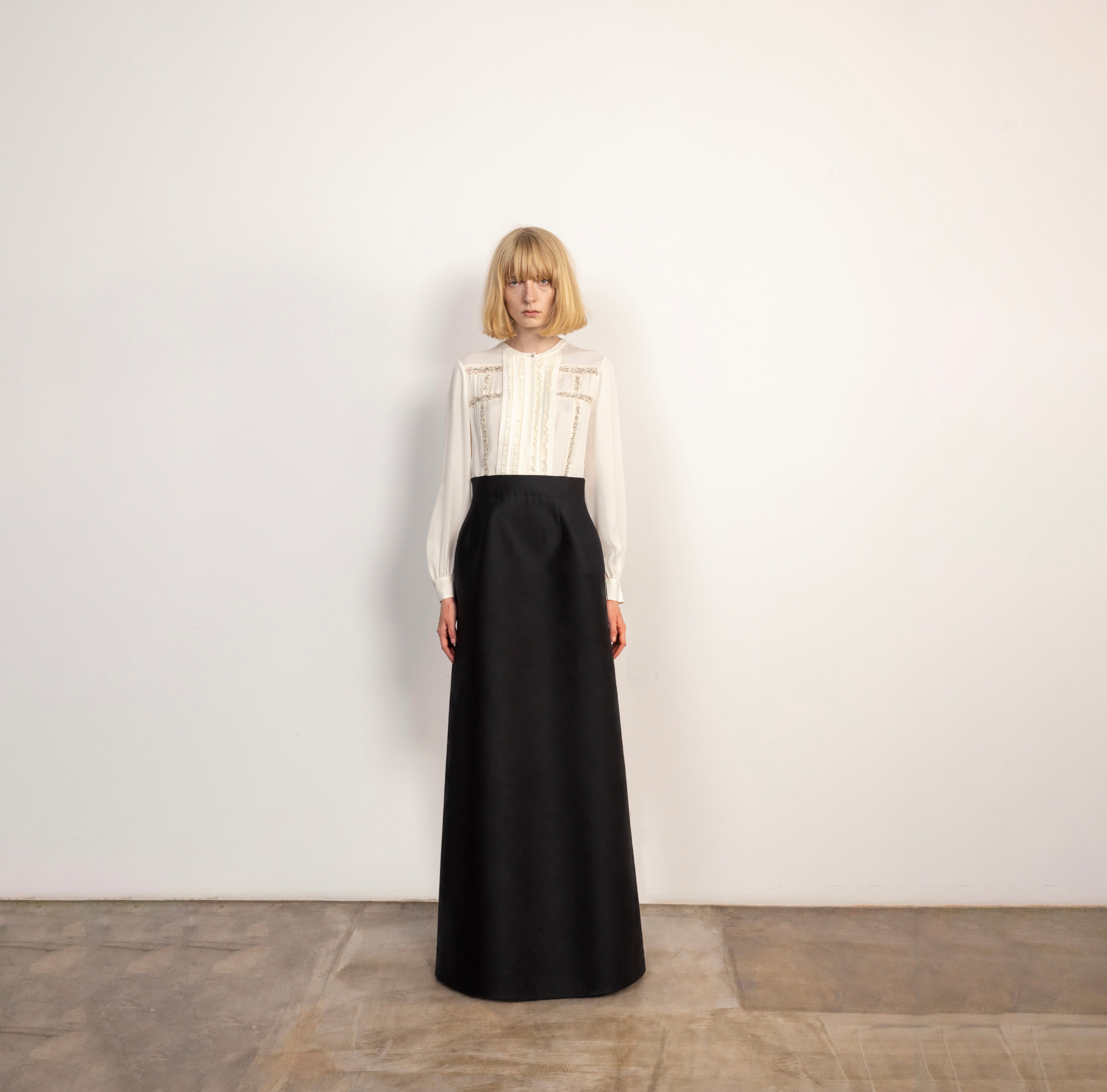 Ivory and Black Embellished Long Dress