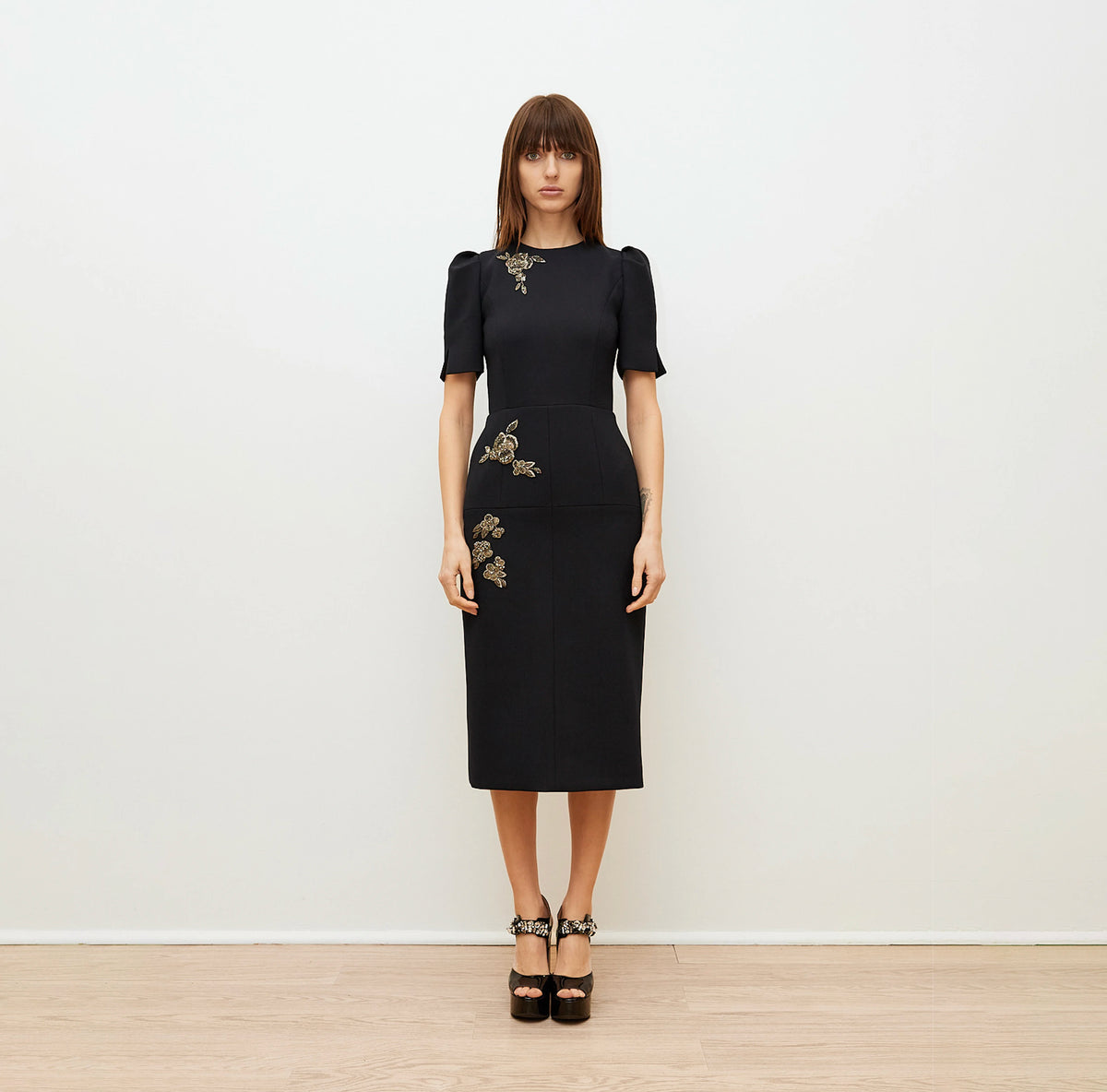 Floral Embellished Midi Dress in Navy