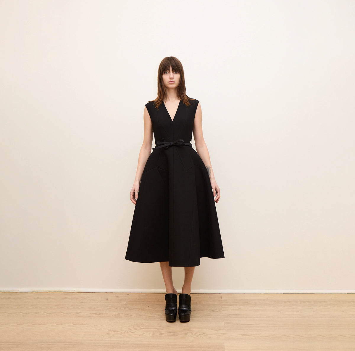 Sculptural Sleeveless V-Neck Midi Dress
